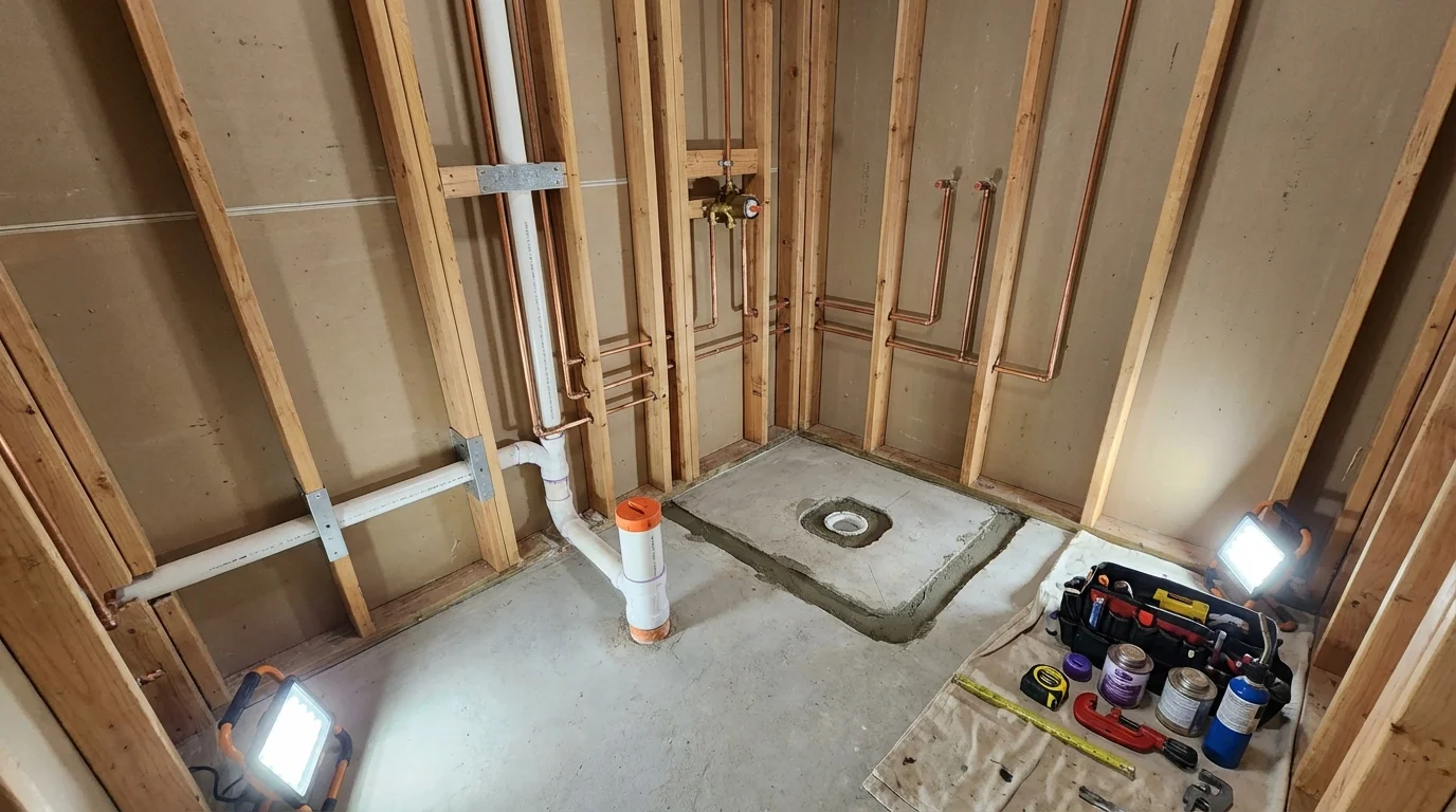 Bathroom rough-in plumbing during remodel by Johns Plumbing LLC in Salisbury