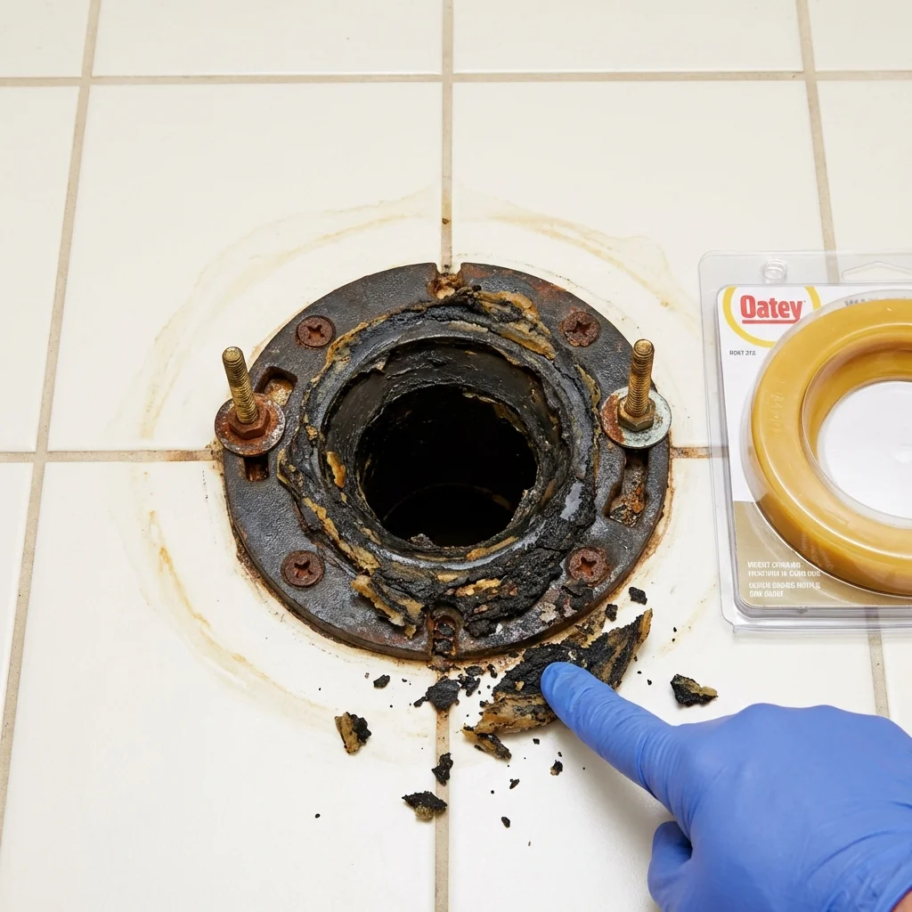 Failed wax ring showing water seepage at the base of a toilet in a Salisbury, MA home