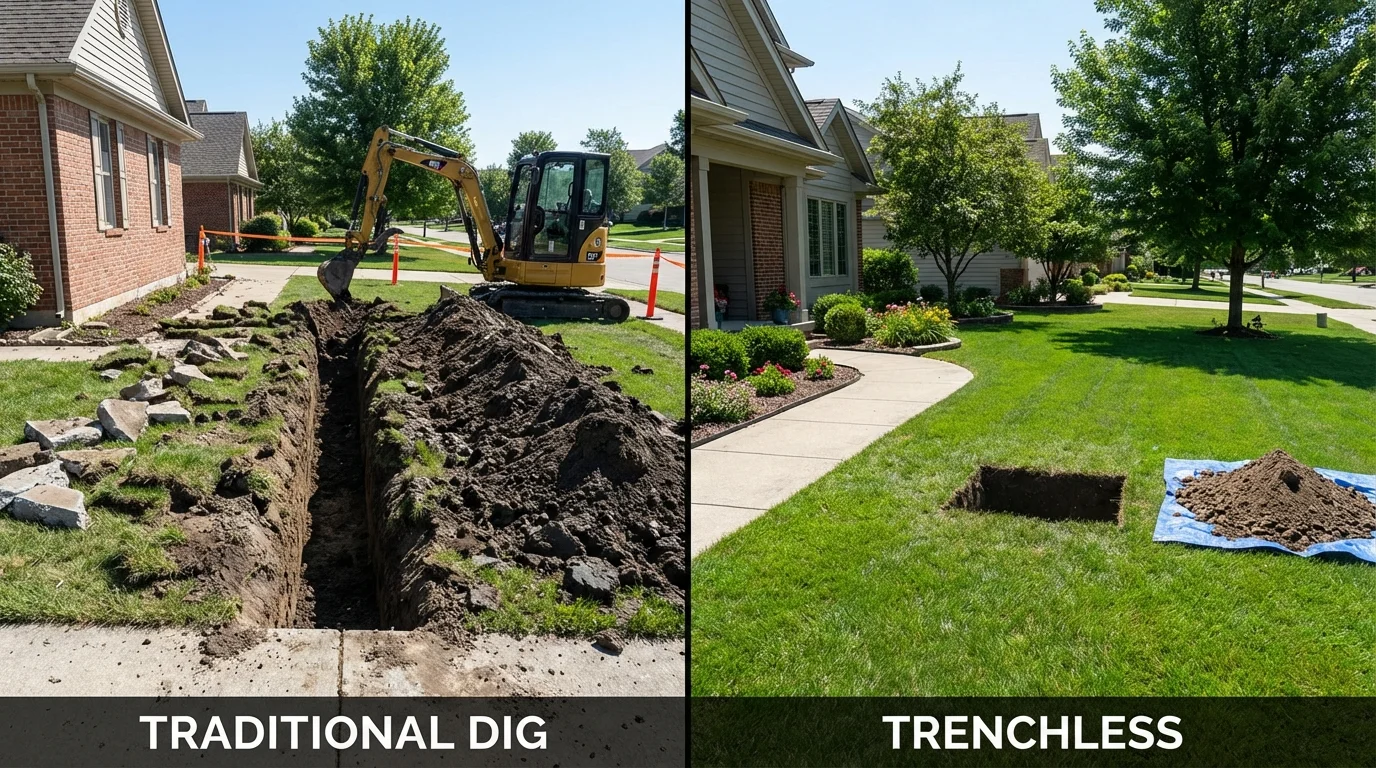 Trenchless sewer repair with minimal yard damage versus traditional excavation in Salisbury, MA
