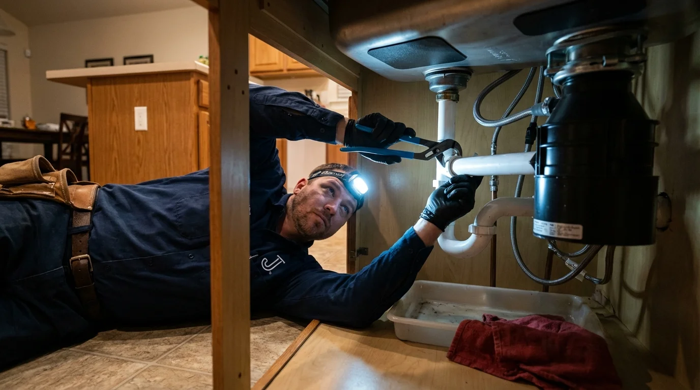 P-trap and supply line connections under a kitchen sink showing a common leak point in Salisbury, MA
